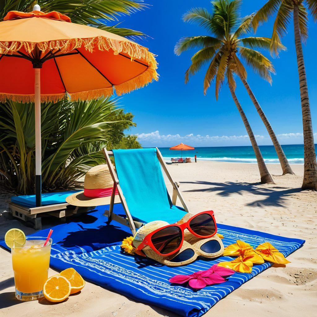 A stylishly accessorized thong swimsuit on a sun-kissed beach setting, featuring colorful sarongs, oversized sunglasses, and trendy beach hats. The background should have vibrant beach umbrellas and tropical palm trees, with a clear blue sky. Incorporate details like a cocktail drink on a sandy beach towel, to evoke summer vibes. riot of colors. super-realistic. beach aesthetic.