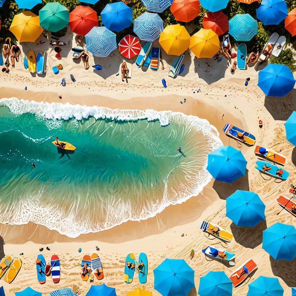 A vibrant beach scene showcasing a diverse group of stylish individuals in chic swimwear, enjoying sunbathing and surfing activities. Colorful beach umbrellas and surfboards scattered around, with a stunning ocean backdrop and soft golden sand. The atmosphere is lively and fashionable, encapsulating the essence of beach culture. super-realistic. bright colors. dynamic composition.